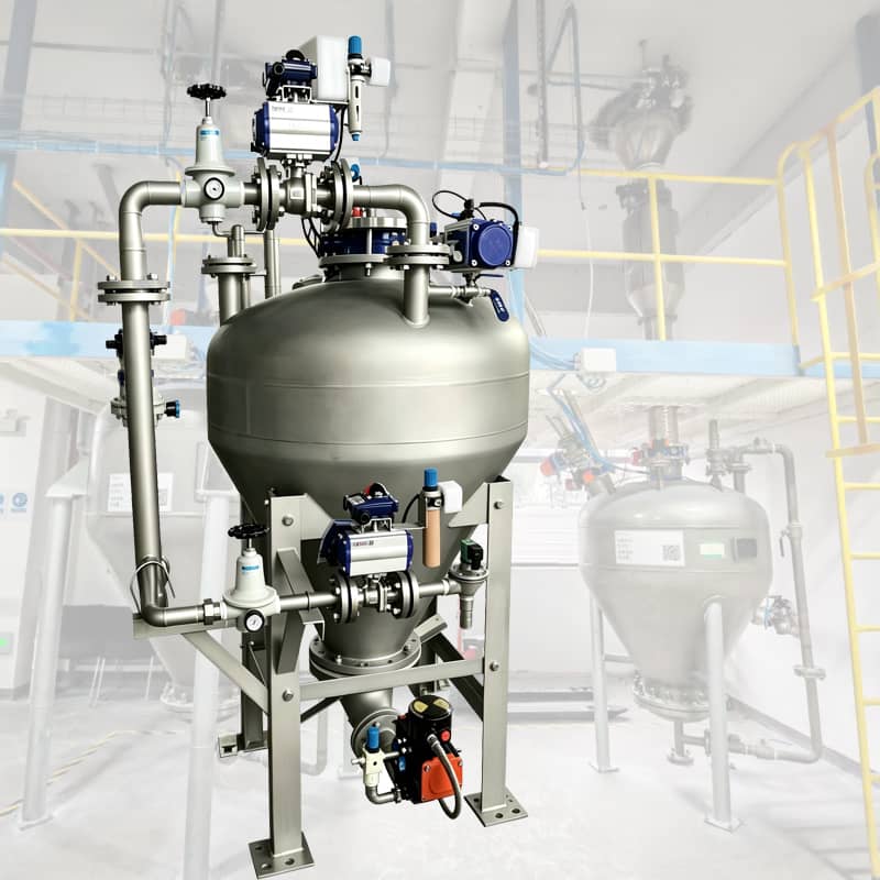 Positive pressure blow tank for battery materials