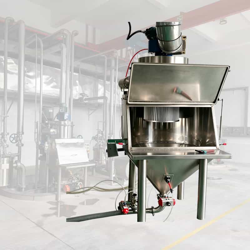 Small bag dust-free feeding station with pulse jet dust collector